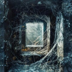hollow blockchain links filled with spiderwebs on decay dark cyberpunk vault .