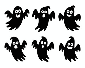 Six cute halloween ghost silhouettes with different expressions isolated on white background