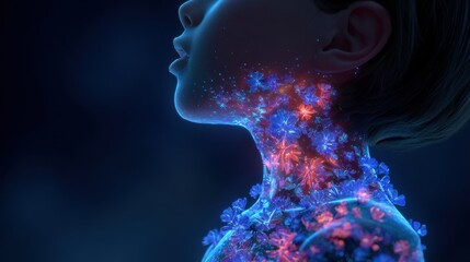Medical visualization shows a child with a food allergy, highlighting the throat and airway with glowing floral patterns, indicating inflammation and reaction