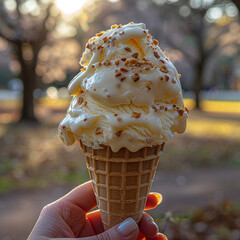 Vanilla Ice Cream Cone with Caramelized Nut Topping in Soft Sunlight
