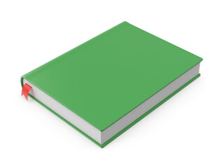 Closed green book with a red bookmark, isolated on white.
