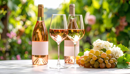 Glasses and bottles of white and rosé wine on an elegant table