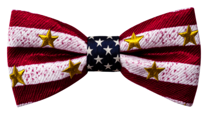 Textured Patriotic Bow Tie with Gold Stars and American Flag Motif, cut out transparent
