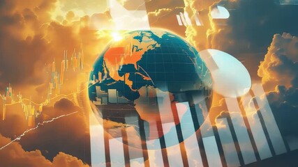 Digital planet Earth with glowing charts graphs and futuristic data visualization elements over dramatic cloudy sky in global technology concept - Powered by Adobe