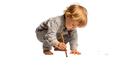Curious child tracing words in sand with a stick