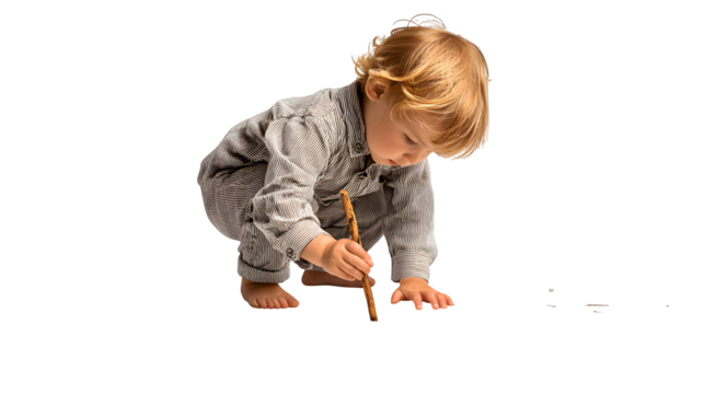 Curious child tracing words in sand with a stick