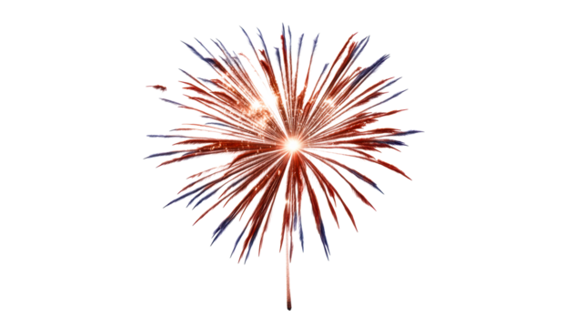 Exploding Fireworks Display Bursting with Red and Blue Streaks Against White Background, cut out transparent