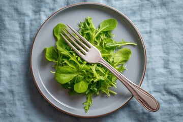 Fresh arugula salad on a plate, ready to eat.  A silver fork is in the greens