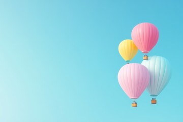 Obraz premium Dreamy Ascent: A cluster of pastel hot air balloons drifts against a bright, azure sky, evoking a sense of wonder, adventure, and freedom, perfect for conveying aspiration, hope.