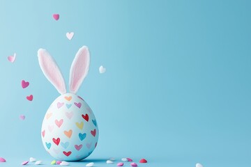 Easter egg with bunny ears and colorful hearts on blue background, festive holiday banner for e commerce and advertising design