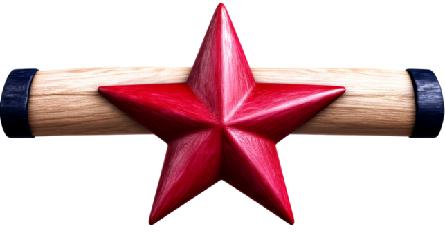 Textured Red Star Mounted on Wooden Beam with Dark Blue Accents, cut out transparent