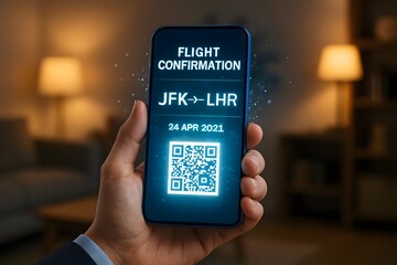 Flight confirmation on a smartphone showing a ticket from jfk to lhr, representing modern travel and digital boarding passes for convenience