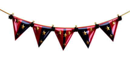 Festive Bunting Flags with Golden Stars on White Background, cut out transparent