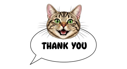 Cheerful Tabby Cat Head with Green Eyes and Open Mouth, Expressing Gratitude with 'Thank You' in a Speech Bubble on White Background