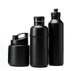 Professional matte black reusable water bottles with different lid styles isolated on white background for branding mockup