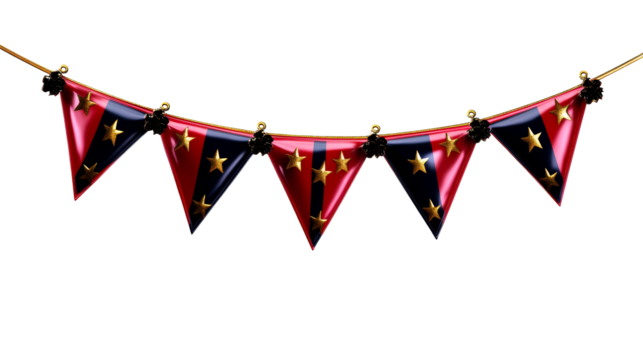 Festive Bunting Flags with Golden Stars on White Background, cut out transparent