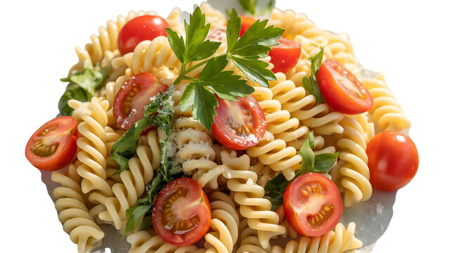 A vibrant pasta salad with cherry tomatoes and fresh basil isolated on transparent background, a healthy and delicious vegetarian dish