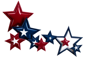 Red, White, and Blue Shiny Stars Cluster on White Background, cut out transparent