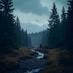 Norwegian Forest in Twilight in the mountains