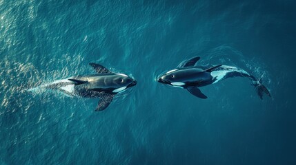 Fototapeta premium Synchronized Serenity: An Aerial Encounter of Two Orcas in the Glistening Deep Blue