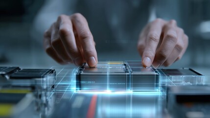 A focused shot of hands inserting refurbished separator materials back into a new battery assembly emphasizing meticulous attention to detail and the recycling workflow.