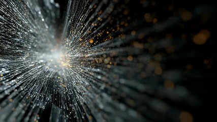 Shattered glass explosion with flying shards and golden sparkles on black background. Slow motion effect. Dramatic crash concept for action movie or special effect - Powered by Adobe