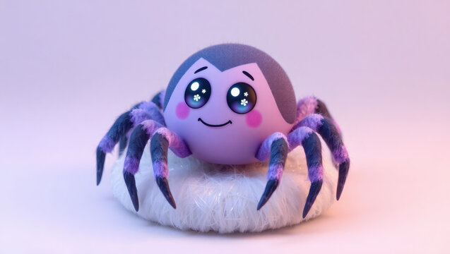 Whimsical 3D illustration of a cute purple spider, a friendly arachnid character with adorable big eyes and a happy expression - Powered by Adobe