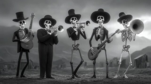 Skeleton mariachi band performing in Day of the Dead style. Mexican folklore animation with musicians playing guitar, trumpet, and trombone. Black and white video concept