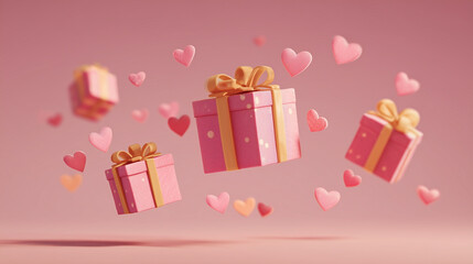 3d rendering of floating gift boxes with golden ribbons and pink hearts, romantic celebration scene for valentine’s day cards, wedding invitations, anniversary promotions, or festive advertising