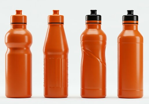 Orange insulated sports bottles with contoured shapes and black pull-top caps displayed in front and side views for merchandising mockup