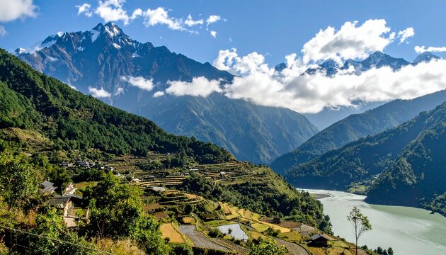 Breathtaking views of mountains with lush green terraces and blue sky