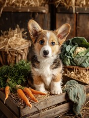 An Adorable Pembroke Welsh Corgi Puppy Sitting Sweetly in a Rustic Wooden Crate Amidst Freshly Harvested Vegetables.  Ideal for blogs, social media, and articles related to pets, dogs.