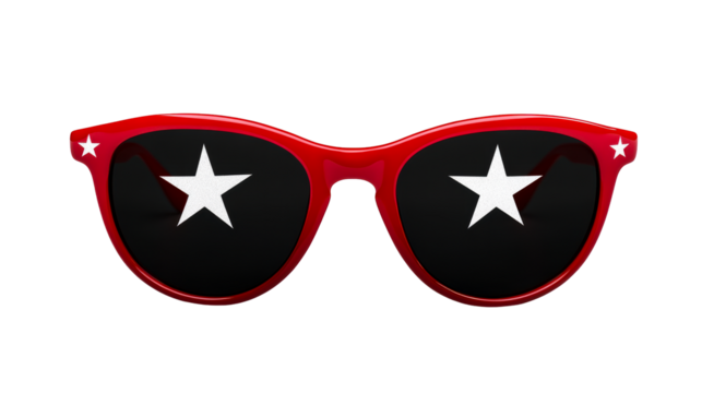 Red sunglasses with white stars reflected on black lenses, cut out transparent