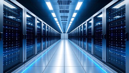 Futuristic server room with sleek design and ambient lighting effects