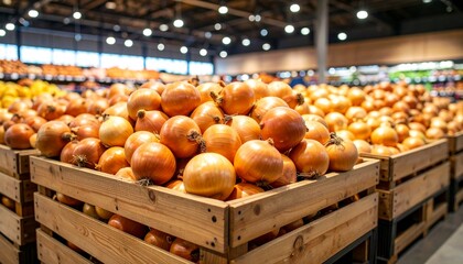 Onion – Whole yellow onions with brown skins, stacked in a grocery bin