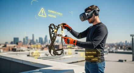 Virtual reality session simulating rooftop safety measures with fallarrest gear check and hazard alerts.