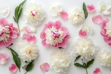 Flat lay of white pink and cream peonies with scattered petals on white background, delicate floral arrangement in soft romantic style