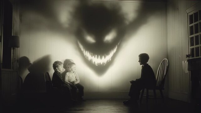 Eerie shadow monster looming over family seance. Supernatural horror scene with ghostly apparition. Vintage-style paranormal activity footage for Halloween video or spooky film