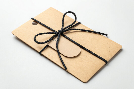 Kraft paper gift tag tied with black string on white background