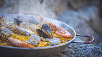 Artisanal paella pan with golden saffron rice and fresh seafood, celebrating Spain's National Day with Mediterranean coastal hues.
