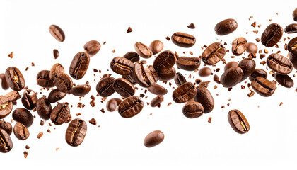 Scattered roasted coffee beans across a white background