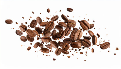 Scattered roasted coffee beans across a white background