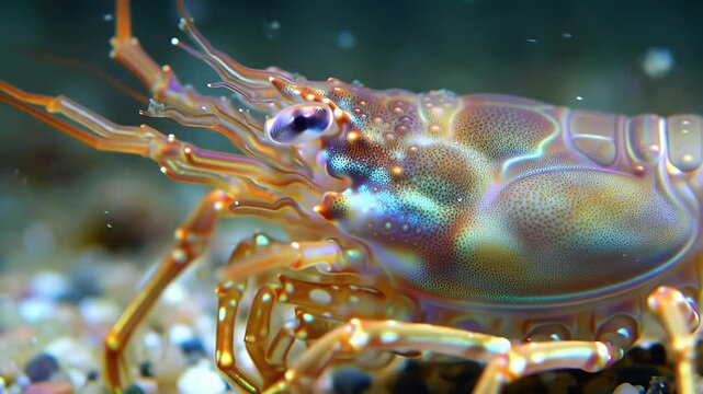 Captivating Close-up of an Iridescent Spiny Lobster Underwater, Revealing Translucent Shell and Intricate Details on Sandy Bottom