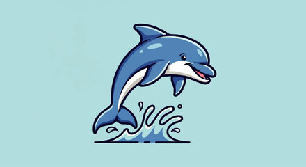 Obraz premium Cute cartoon dolphin leaping out of water, playful and cheerful.