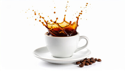 Espresso cup with splash and drop on white background