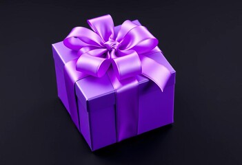 Obraz premium Elegant purple gift box with satin ribbon and bow, black background, rich, luxurious packaging