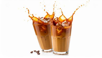 Splash cold coffee with milk and ice in glass on white background