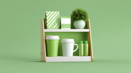 Wooden display stand with two shelves showcasing green and white coffee cups, small bottles, potted plant, and striped packaging against green background