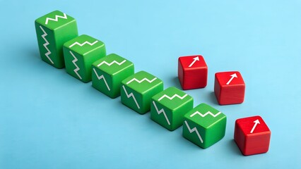Green and Red Blocks with Zigzag Lines on Blue Background – Market Trends, Stock Performance, Risk and Opportunity, Abstract Symbolism, Minimal Style, Stock Photo