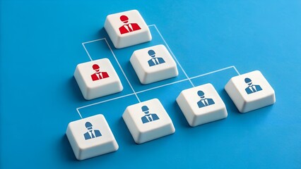 Keyboard Keys Forming Organizational Hierarchy with Red Leader Icon – Team Structure, Leadership, Digital Workforce, Abstract Symbolism, Minimal Style, Stock Photo